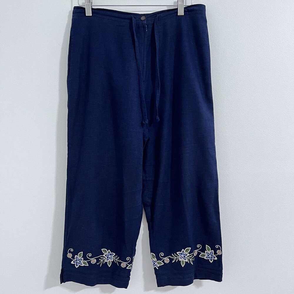 Sag Harbor Navy Blue Linen Blend Capri Wide Leg Size 10P Floral Embroidery Light